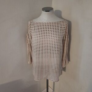 LOFT Outlet Women's Size S Beige Black Polka Dot Cold Shoulder Tie Sleeve Blouse